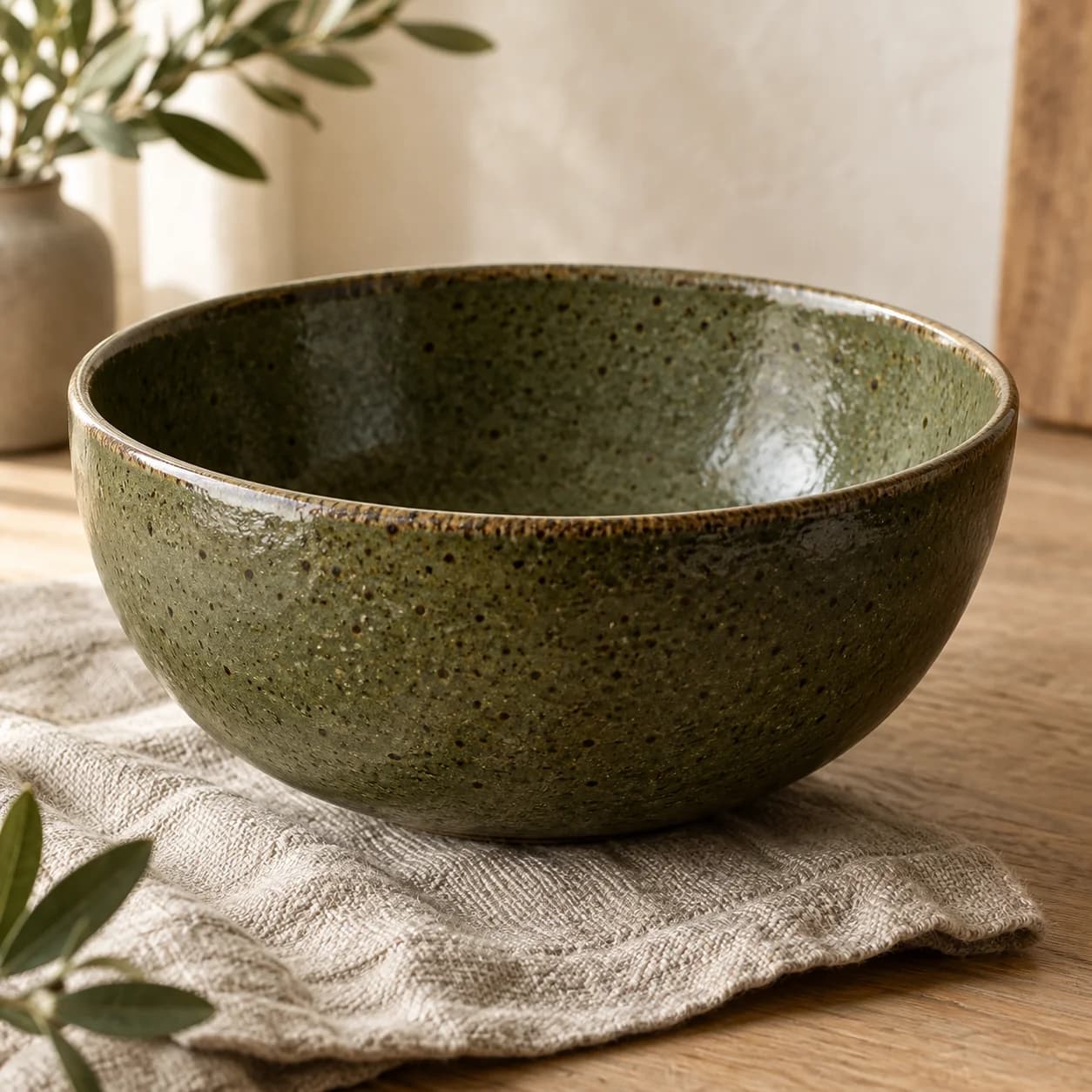Hand-finished green stoneware bowl
