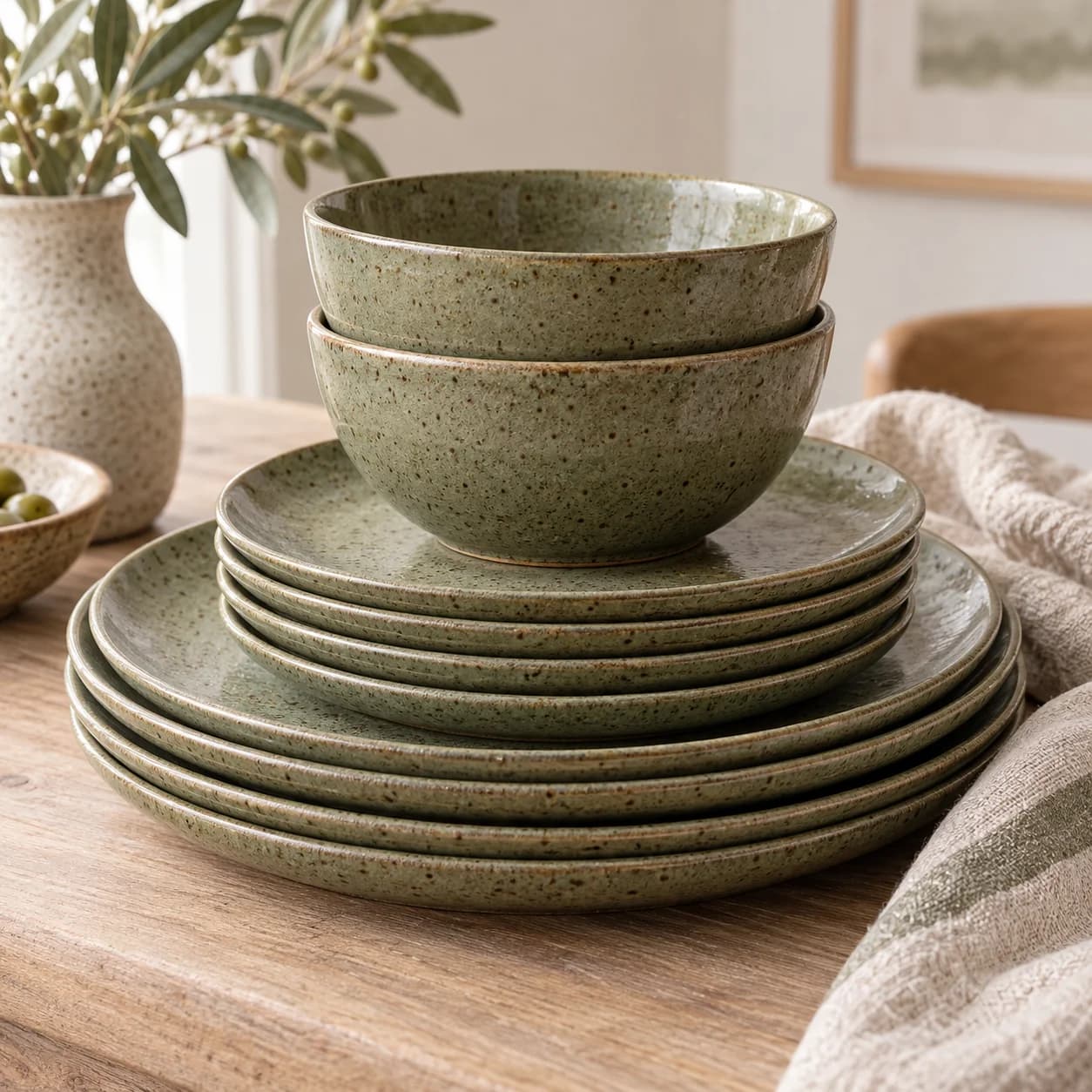 Coordinated stack of stoneware plates and bowls