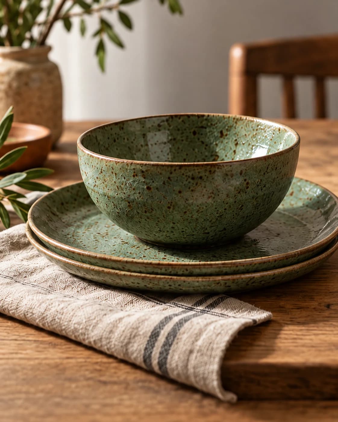 Illustrative green stoneware bowl and plates on linen