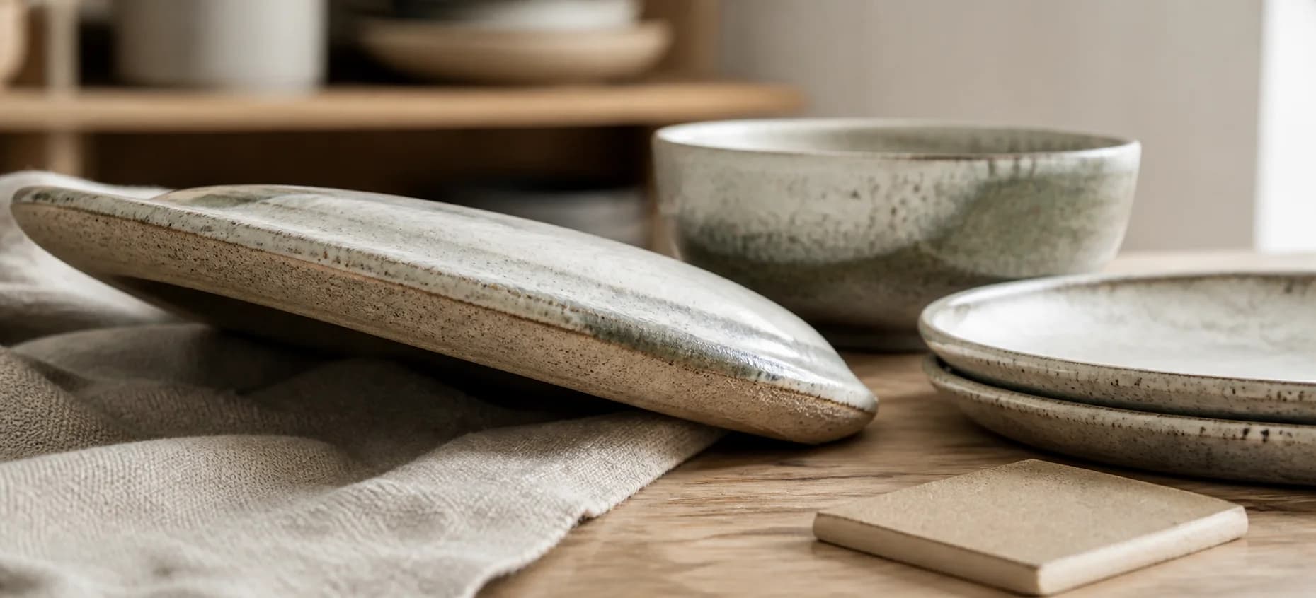 Close view of stoneware clay and speckled glaze