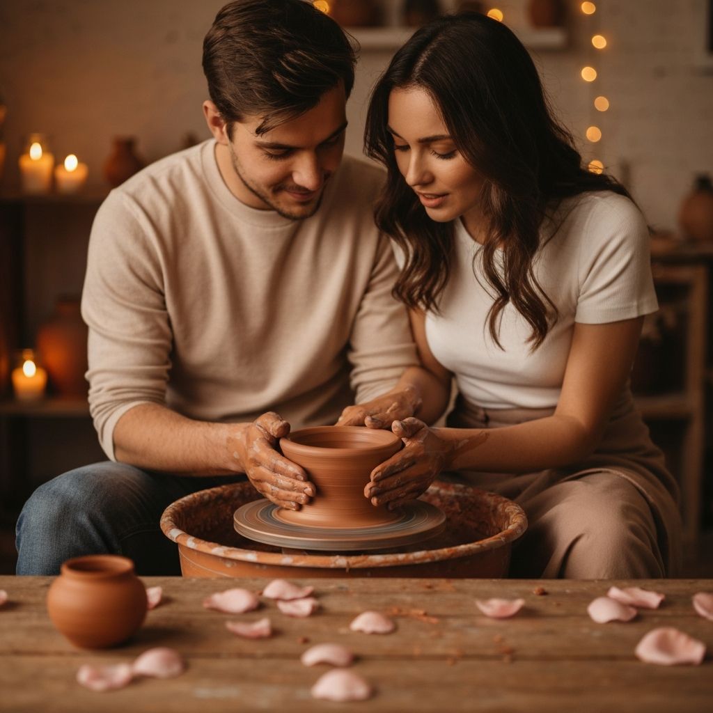 Romantic couple creating stoneware pottery together on a wheel