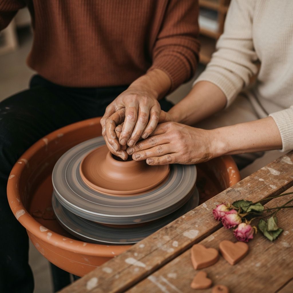 Close up of couple's hands shaping clay on a pottery wheel