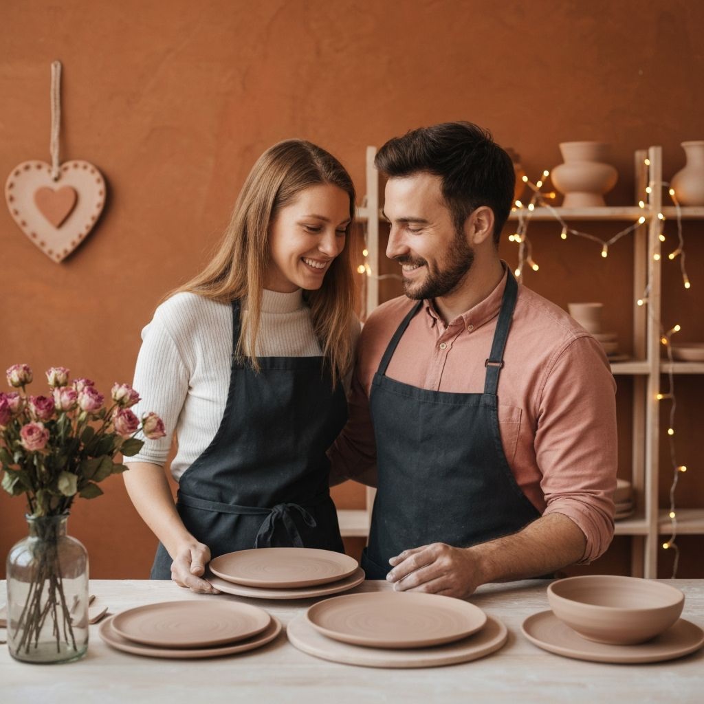 Happy couple admiring their handmade stoneware dinnerware