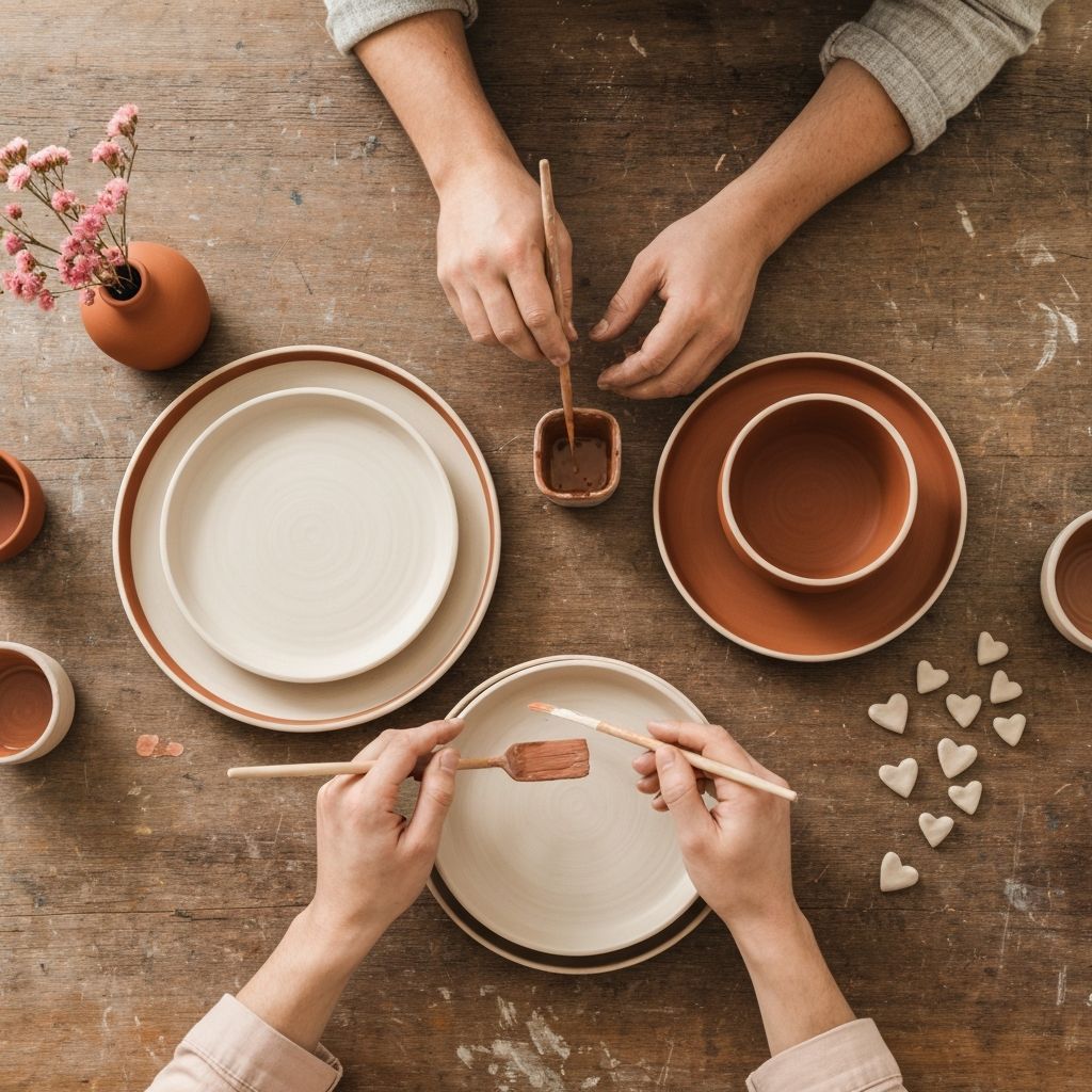 Overhead view of couple glazing and painting stoneware ceramics