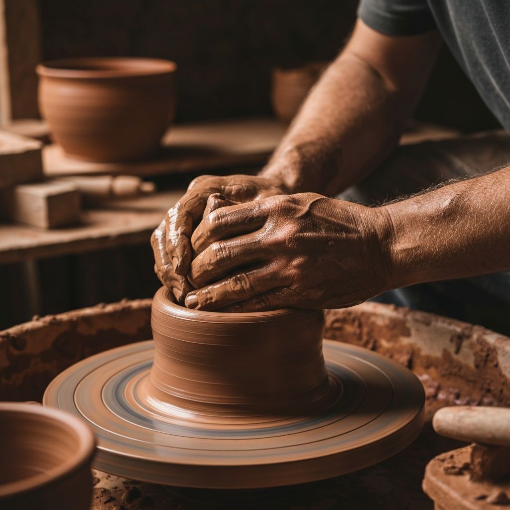 Artisan crafting stoneware on a pottery wheel